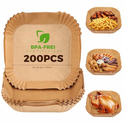 Backpapier für Heißluftfritteuse,200 Stück 20×20cm Backpapier,Food-Grade BPA Free,Einweg Antihaft-Ölfrei Pergamentpapier,für ölfreie Fritteusen 5-8 L von Woobroo