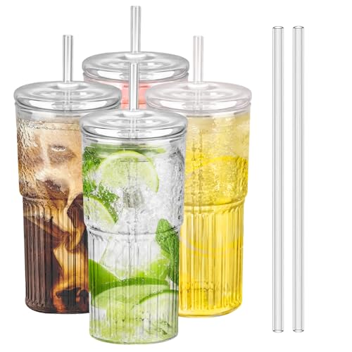 Eiskaffeebecher, 4 Stück, 600 ml, transparente Gläser mit Deckel und Glas-Trinkhalmen, Trinkgläser für Saft, Kaffee, Limo, Cocktail, Milch, Eiswasser, kalte oder heiße Getränke von Woobroo