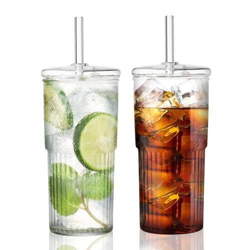 Glasbecher mit Deckel und Strohhalm,2 Stück 600ml/20Oz Trinkbecher Iced Coffee Glas Smoothie Becher Eiskaffee Becher für Milch, Eiswasser, Saft, Kaffee, Soda, Cocktail, kalte oder heiße Getränke von Woobroo