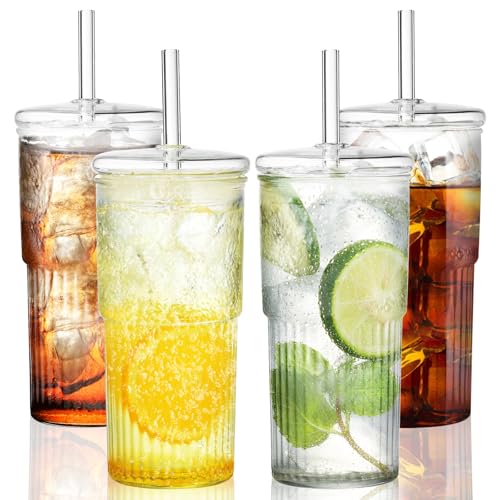 Glasbecher mit Deckel und Strohhalm, 4 Stück 600ml/20Oz Trinkbecher Iced Coffee Glas Smoothie Becher Eiskaffee Becher für Milch, Eiswasser, Saft, Kaffee, Soda, Cocktail, kalte oder heiße Getränke von Woobroo