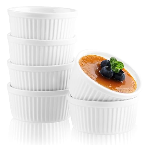 Woobroo Creme Brûlée Schalen, 6er Set, 9 cm - 200 ml Souffleformen, ofenfest, Souffleformen, Crème Brûlée Schalen, Keramikförmchen, ofenfeste Förmchen, weiß von Woobroo