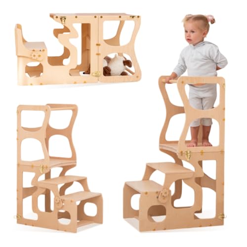 WoodandHearts Klappbarer Montessori Lernturm ab 1 Jahr – Kinder Tritthocker & Stehhilfe – Learning Tower & Küchenhelfer – Hocker für Kinder ab 1–2 Jahre – Stehstuhl & Step Stool (Lernstuhl) von Wood And Hearts