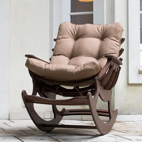Wood Spark Relaxsessel Schaukelstuhl für Garten & Balkon – Holz-Gartenmöbel Set – Schaukelsessel mit Holzoptik in Wenge & Matratze in Cappuccino – Bequemer Relaxsessel – Balkonmöbel von Wood Spark