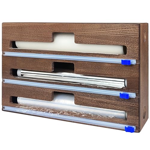 Wood Wedge 3 in 1 Folienschneider, Holz Folien und Frischhaltefolien Organizer mit Cutter, Folienspender, Cling Film, Frischhaltefolienspender, Aufbewahrung Abroller Alufolienspender (Braun) von Wood Wedge