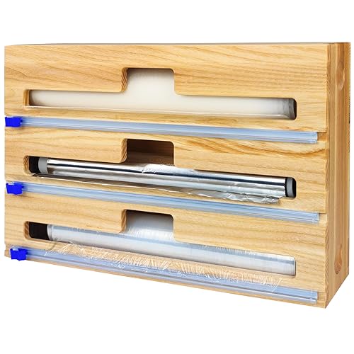 Wood Wedge 3 in 1 Folienschneider, Holz Folien und Frischhaltefolien Organizer mit Cutter, Folienspender, Cling Film, Frischhaltefolienspender, Aufbewahrung Abroller Alufolienspender (Natürlich) von Wood Wedge