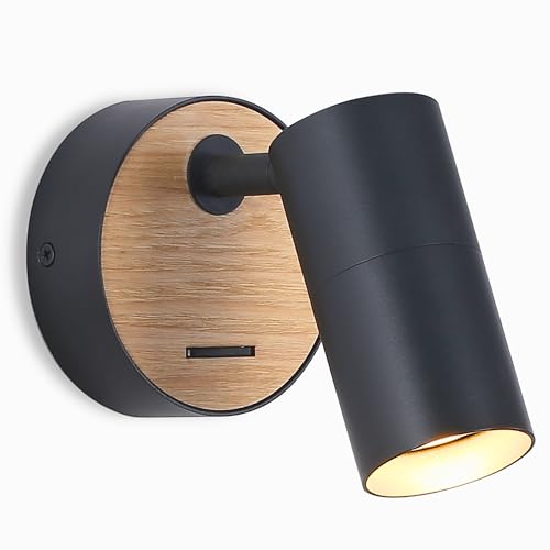 WoodBee Light Wandlampe mit Schalter | Hochwertige Wandleuchte mit Holzdekoration | Schwenkbarer Aluminium Punktstrahler | GU10 (ohne Leuchtmittel) (Schwarz Einzeln) von WoodBee Light
