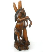 Holzschnitzerei Pferd Handgeschnitzt Natürliche Teak Holz Wild Stehen Mustang Hölzerne Kunst Dekor/Geschenk 21 "x 10" von WoodCarvingArt