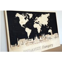 Budapest Holzwanddekor Personalisiertes Heiratsgeschenk Reise-Wandkunst Stadt-Holzkunst Holzplakat Ungarn-Dekor Karte Der Weltkunst von WoodMakerdeco