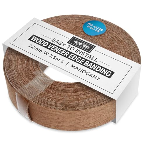WoodPress 22mm Mahagoni, Eisen-On Kantenanpassung – Hohe Qualität 7,5m Rolle – Vorgeklebt Holzfurnierband für die Einfache DIY-Anwendung – Bedeckt den Rand eines Standard-MDF-Panels von WoodPress
