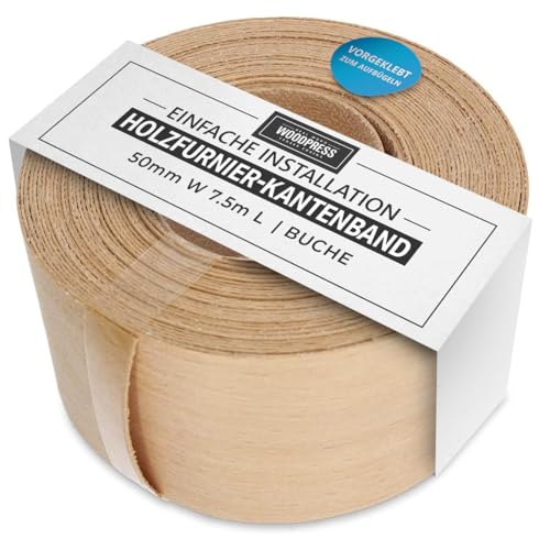 WoodPress Sand Beige Holz Furnier-Einfassungsband zum Aufbügeln, hochwertig verleimt, DIY, 50 mm x 7,5 m von WoodPress