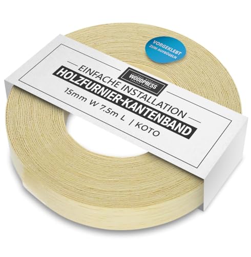 WoodPress® 15 mm Echtholz Bügelrand - 7,5 m Rolle - vorverleimtes Holzfurnierband für einfache DIY Anwendung - deckt den Rand einer Standard-MDF-Platte ab von WoodPress
