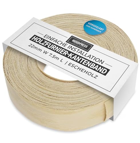 WoodPress® 22 mm Echt-Eschenholz-Bügeleinfassung – 7,5 m Rolle – vorgeklebtes Holzfurnierband für einfache DIY-Anwendung – deckt den Rand einer Standard-MDF-Platte ab von WoodPress