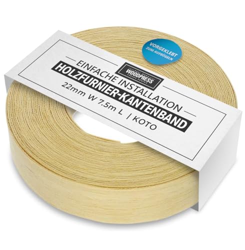 WoodPress® 22 mm Echtholz-Bügelkante - 7,5 m Rolle - vorgeklebtes Holzfurnierband für einfache DIY-Anwendung - deckt den Rand einer Standard-MDF-Platte ab von WoodPress