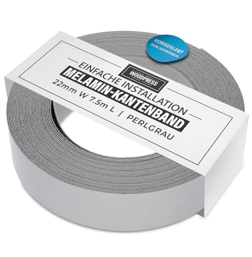 WoodPress® 22mm Perlgrau Melamin Kantenumleimer mit Schmelzkleber – 7,5m Rolle – Einfaches Aufbügeln für Heimwerker von WoodPress