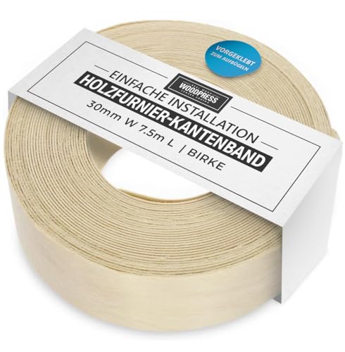 WoodPress Einfassband aus echtem Birkenholz, 30 mm, 7,5 m, zum Aufbügeln, vorgeklebtes Eichenfurnierband für Heimwerker, Kantenanleimen für Möbelrestaurierung, Schmelzkleber, Holzleisten von WoodPress