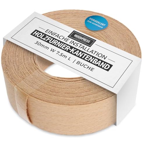 WoodPress® 30 mm Bügelkante aus echtem gedämpftem Buchenholz – 7,5 m Rolle – vorgeklebtes Holzfurnierband für einfache DIY-Anwendung von WoodPress