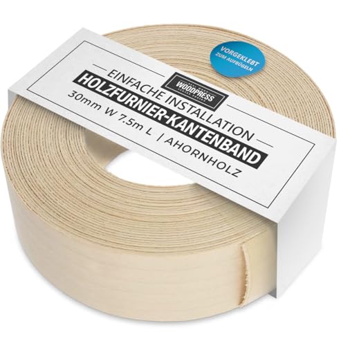 WoodPress® 30 mm echte Ahornholz-Bügelkante – 7,5 m Rolle – vorgeklebtes Holzfurnierband für einfache Selbstmontage – deckt den Rand einer Standard-MDF-Platte ab von WoodPress