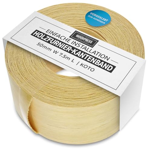 WoodPress 50 mm echtes Koto Kantenband – 7,5 m Kantenstreifen zum Aufbügeln – vorgeklebtes Holzfurnierband für Heimwerkeranwendungen – Kantenband für Möbelrestaurierung – Schmelzklebstoff für von WoodPress