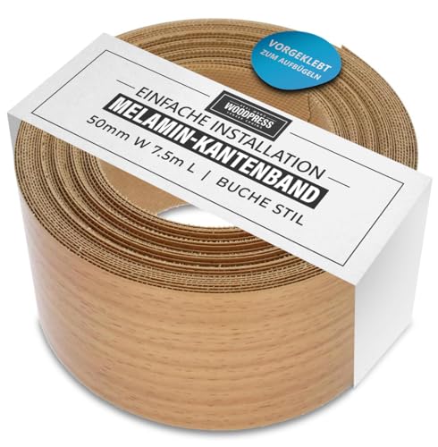 WoodPress® 50mm Buchenholz-Stil Melamin Kantenumleimer mit Schmelzkleber – 7,5m Rolle – Einfaches Aufbügeln für Heimwerker von WoodPress