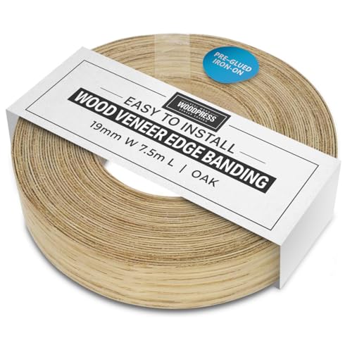 WordPress® 19 mm Eiche Echtholz Kantenumleimer mit Schmelzkleber – 7.5m Rolle – Einfache DIY-Aufbügelanwendung, Deckt die Kante von Standard-MDF-Platten ab von WoodPress