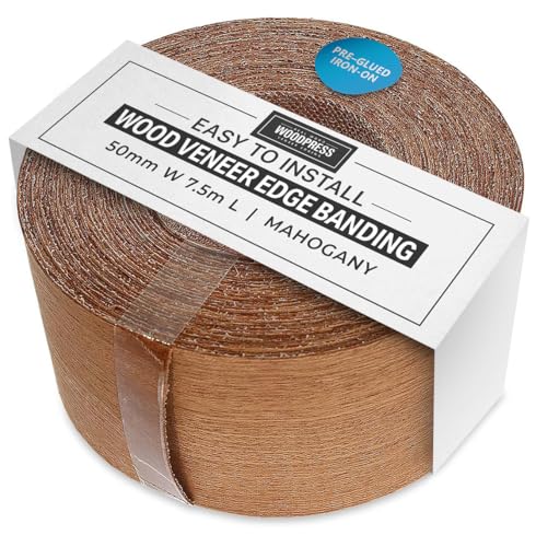 WordPress® 50 mm Mahagoni-Echtholzkantenband mit Schmelzkleber – 7,5 m Rolle – einfache DIY-Aufbügelanwendung, deckt die Kante von Standard-MDF-Platten ab von WoodPress