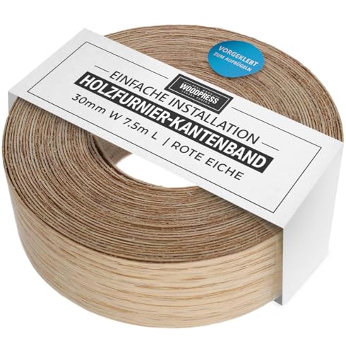 Wordpress® 30 mm Roteiche Echtholz Kantenumleimer mit Schmelzkleber – 7.5m Rolle – Einfache DIY-Aufbügelanwendung, Deckt die Kante von Standard-MDF-Platten ab von WoodPress