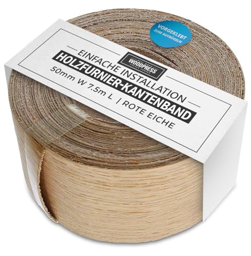 Wordpress® 50 mm Roteiche Echtholz Kantenumleimer mit Schmelzkleber – 7.5m Rolle – Einfache DIY-Aufbügelanwendung, Deckt die Kante von Standard-MDF-Platten ab von WoodPress