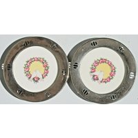 2 Glasuntersetzer Metall Keramik Jugendstil Antik Tauben Geschenk Hochzeit Rar von WoodStockShop