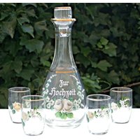 Karaffe Mit 4 Gläsern Likör Emaille-Malerei Zur Hochzeit Geschenk Hochzeitspaar von WoodStockShop