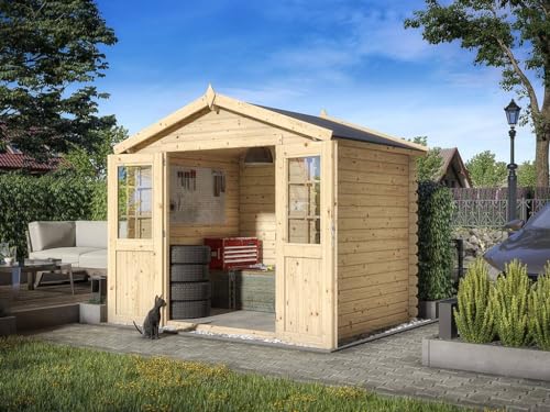 Woodtex Gartenhaus | Gerätehaus | Holz Blockbohlenhaus CA2870 | Wandstärke: 28 mm | naturbelassenes Holz | BTH 260 x 198 x 225 cm | Doppelflügeltür | Satteldach von WoodTex