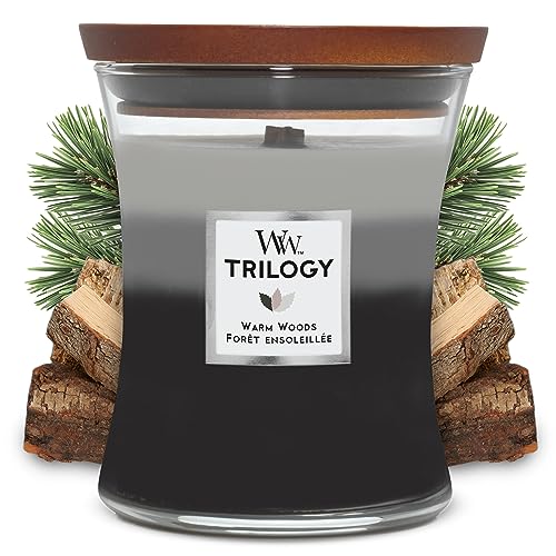 Millefiori Mittelgroße WoodWick Trilogy-Duftkerze im Sanduhrglas mit Pluswick-Innovation, Warm Woods,275g von WoodWick