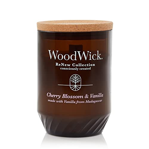 WoodWick® Renew Große Kerze, Kirschblüte und Vanille, 368 ml, pflanzliche Sojawachsmischung, hergestellt aus recycelten Materialien und ätherischen Ölen, bis zu 75 Stunden Brenndauer von WoodWick