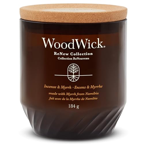 WoodWick ReNew Duftkerze mit knisterndem Docht, Mittelgroße Kerze Incense & Myrrh, Pflanzliche Soja-Kokosnuss-Wachsmischung, Hergestellt aus recycelten Materialien, Perfekte Geschenke für Frauen von WoodWick