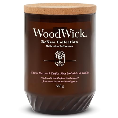 WoodWick ReNew Duftkerze mit knisterndem Docht | Große Kerze Cherry Blossom & Vanilla | Pflanzliche Soja-Kokosnuss-Wachsmischung | Hergestellt aus recycelten Materialien von WoodWick