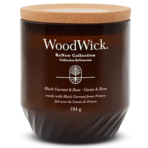 WoodWick ReNew Duftkerze mit knisterndem Docht | Mittelgroße Kerze Black Currant & Rose | Pflanzliche Soja-Kokosnuss-Wachsmischung | Hergestellt aus recycelten Materialien von WoodWick