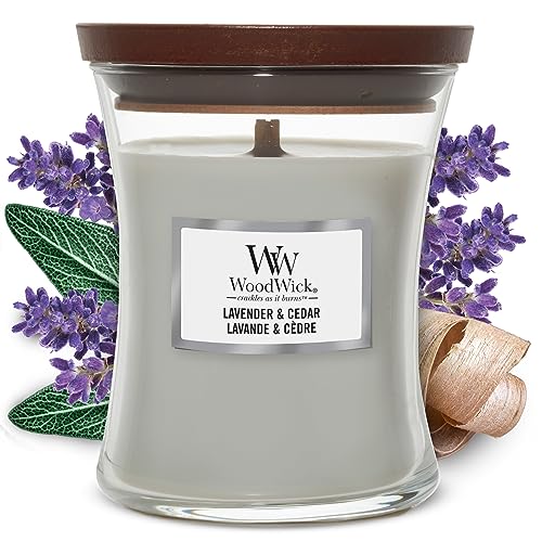 WoodWick mittelgroße Duftkerze im Sanduhrglas mit knisterndem Docht | Lavender & Cedar | Brenndauer bis zu 60 Stunden, Medium von WoodWick
