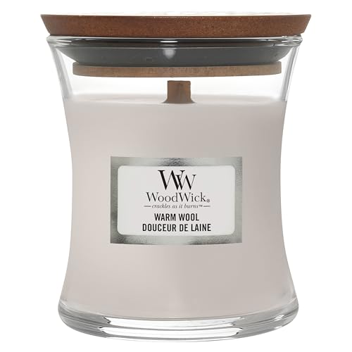 WoodWick mittelgroße Duftkerze im Sanduhrglas mit knisterndem Docht | Warm Wool | Brenndauer bis zu 20 Stunden von WoodWick