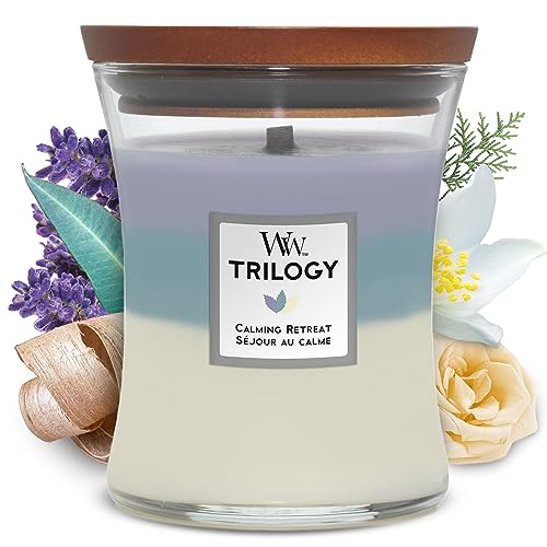 WoodWick mittelgroße Trilogy-Duftkerze im Sanduhrglas mit knisterndem Docht, Calming Retreat, bis zu 60 Stunden Brenndauer, 275g , lavendel von WoodWick