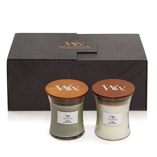 WoodWick Duftkerzen-Geschenkset | Fireside & Linen, Duftkerze im Sanduhrglas mit knisternden Dochten | Bis zu jeweils 60 Stunden Brenndauer | Geschenkbox | 2 Teile von WoodWick