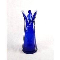 Vintage Blaue Glasvase, Handgemacht, Hergestellt in Jugoslawien, Prokuplje, Space Age, Vase, Retro Glaskunst, Mid Century, 1970 von Woodastal