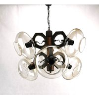Wunderschöner Sehr Ausgefallener Vintage Kronleuchter, Mid Century Kronleuchter Aus Holz, Metall Und Glas Mit Sechs Glasschirmen Den 70Er Jahren von Woodastal