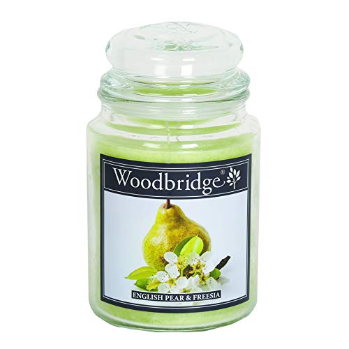 Woodbridge Duftkerze im Glas mit Deckel | English Pear & Freesia | Duftkerze Fruchtig | Kerzen Lange Brenndauer (130h) | Duftkerze groß | Kerzen Grün (565g) von Woodbridge