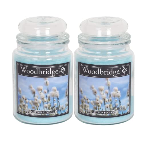 Woodbridge Duftkerze im Glas mit Deckel | 2er Set Cotton Blossom | Duftkerze Cotton | Kerzen Lange Brenndauer (130h) | Duftkerze groß | Kerze Blau (565g) von Woodbridge