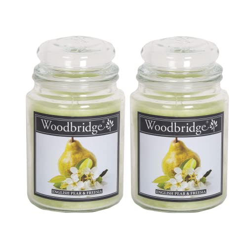 Woodbridge Duftkerze im Glas mit Deckel | 2er Set English Pear & Freesia | Duftkerze Fruchtig | Kerzen Lange Brenndauer (130h) | Duftkerze groß | Kerzen Grün (565g) von Woodbridge