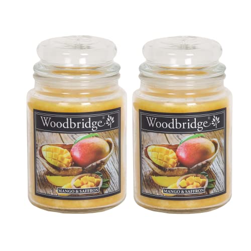 Woodbridge Duftkerze im Glas mit Deckel | 2er Set Mango Saffron | Duftkerze Fruchtig | Kerzen Lange Brenndauer (130h) | Duftkerze groß | Kerzen Gelb (565g) von Woodbridge