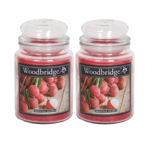 Woodbridge Duftkerze im Glas mit Deckel | 2er Set Oriental Lychee | Duftkerze Fruchtig | Kerzen Lange Brenndauer (130h) | Duftkerze groß | Kerzen Rot (565g) von Woodbridge