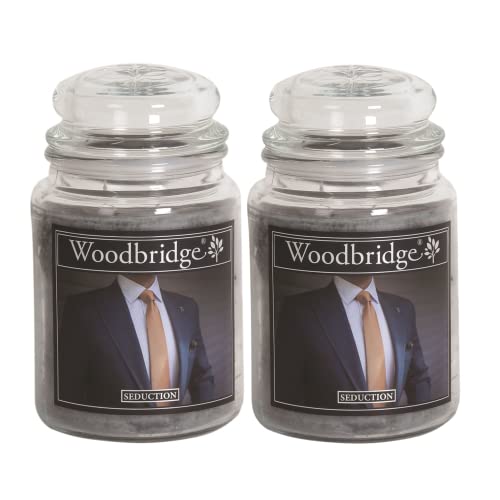 Woodbridge Duftkerze im Glas mit Deckel | 2er Set Seduction | Duftkerze Amber | Kerzen Lange Brenndauer (130h) | Duftkerze groß | Kerzen Grau (565g) von Woodbridge