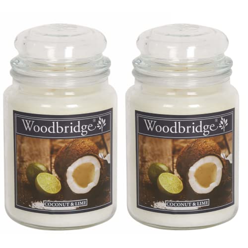 Woodbridge Duftkerze im Glas mit Deckel | 2er Set Coconut Lime | Duftkerze Kokos | Kerzen Lange Brenndauer (130h) | Duftkerze groß | Kerzen Weiß (565g) von Woodbridge