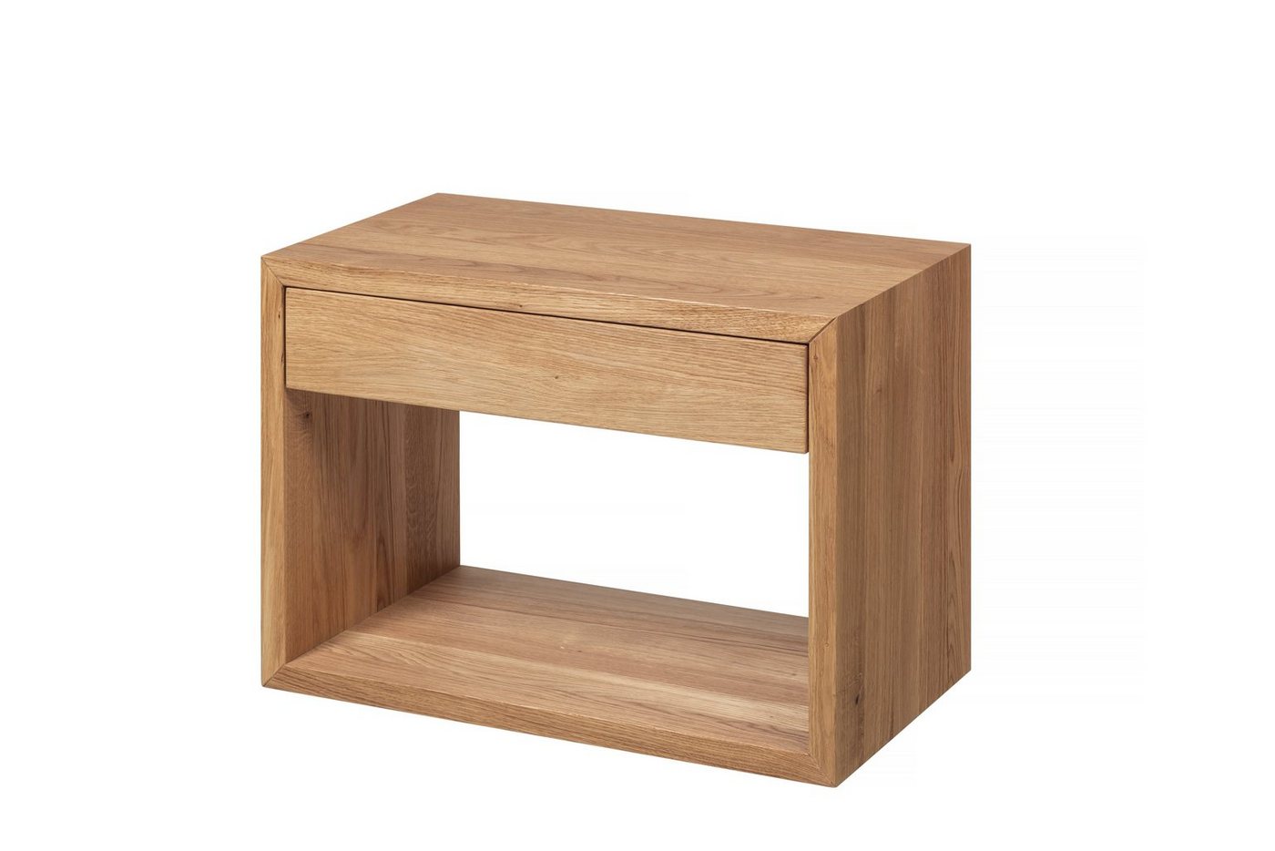 Woodek Design Nachttisch HUGO, breite und grifflose Nachtkommode in modernem Design (Ablagetisch aus geöltem Eichenholz, 1-St., minimalistischer Nachtschrank), schwebendes Wandregal mit Schublade von Woodek Design