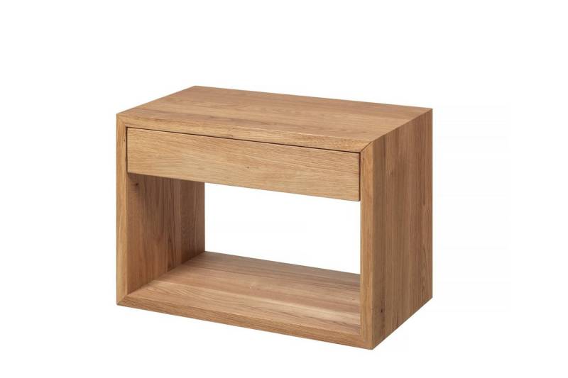 Woodek Design Nachttisch HUGO, breite und grifflose Nachtkommode in modernem Design (Ablagetisch aus geöltem Eichenholz, 1-St., minimalistischer Nachtschrank), schwebendes Wandregal mit Schublade von Woodek Design